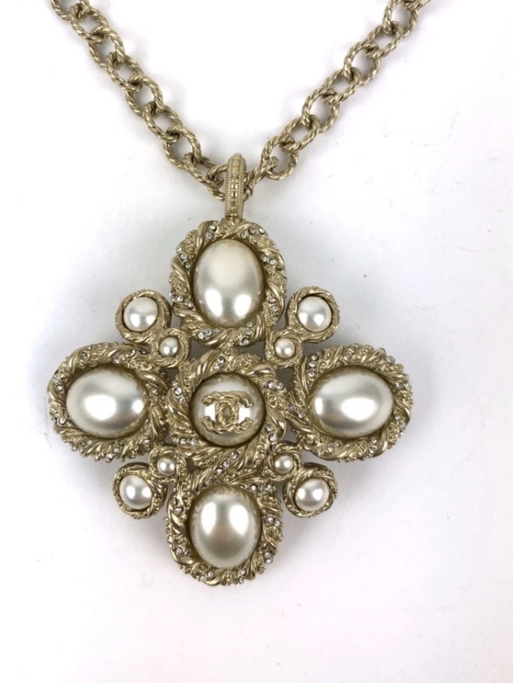 CHANEL Gold-Tone Faux Pearl Cross Motif Pendant Necklace